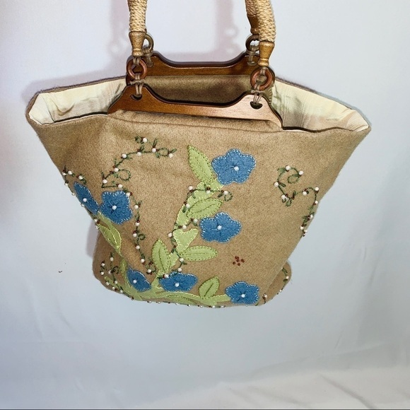 VINTAGE Handmade Wool Top Handle Tote Handbag Embroidered Detail - Picture 10 of 10